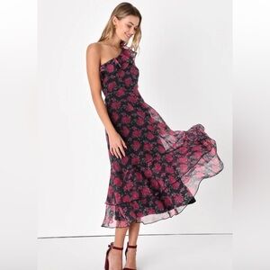Lulu’s Sweet Romantic Black Floral Print Organza One-Shoulder Dress Size L